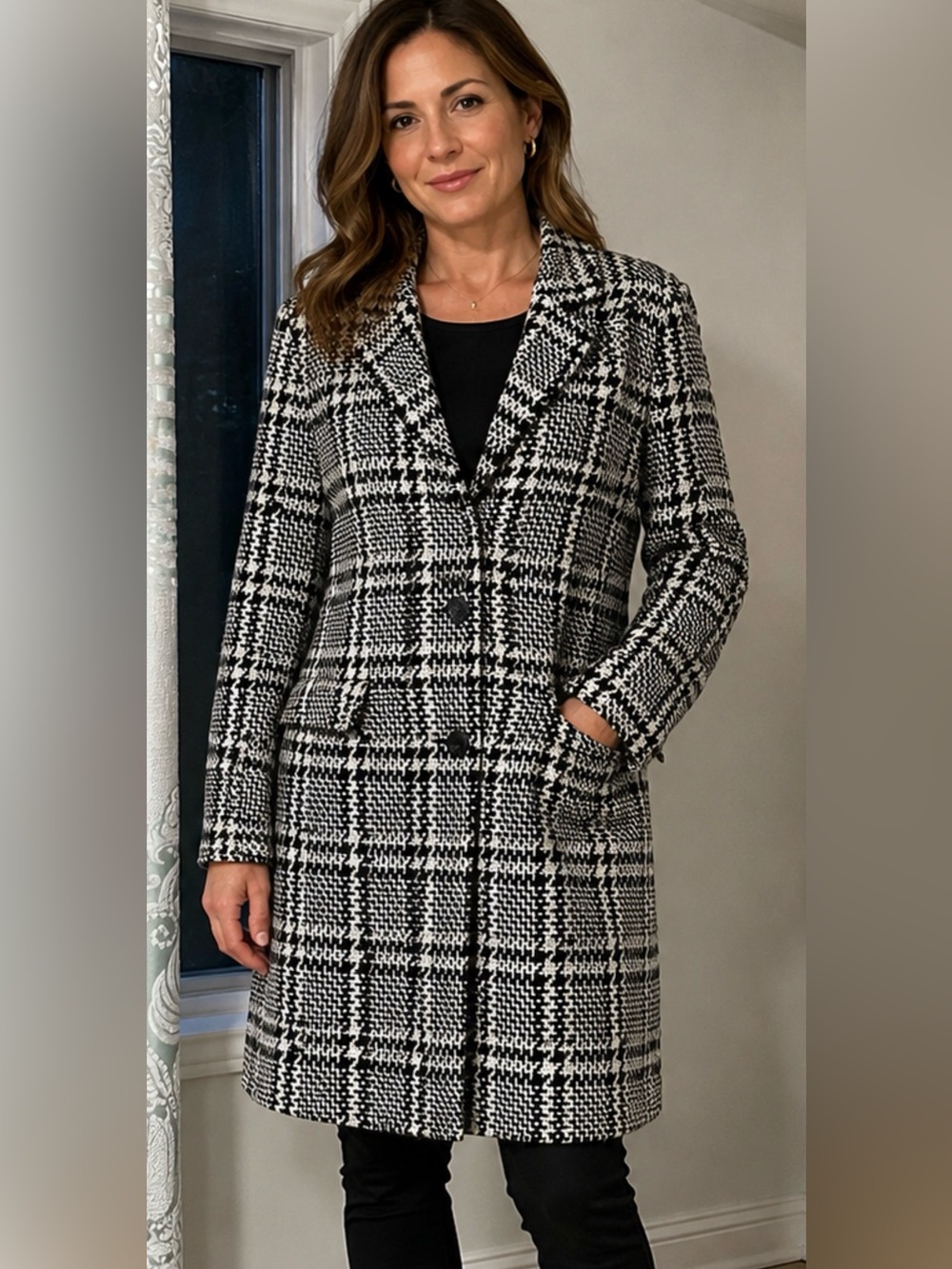 Vintage Bianca Nygård Black White Plaid Wool Blend Long Blazer Coat Size 14